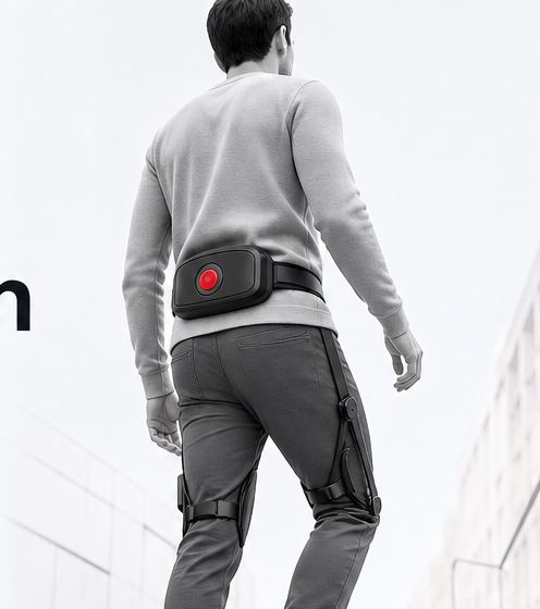 A commuter wearing the ExoStride hip exoskeleton on an overhead bridge