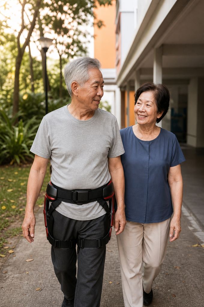 An elderly couple on an assisted afternoon walk in Singapore