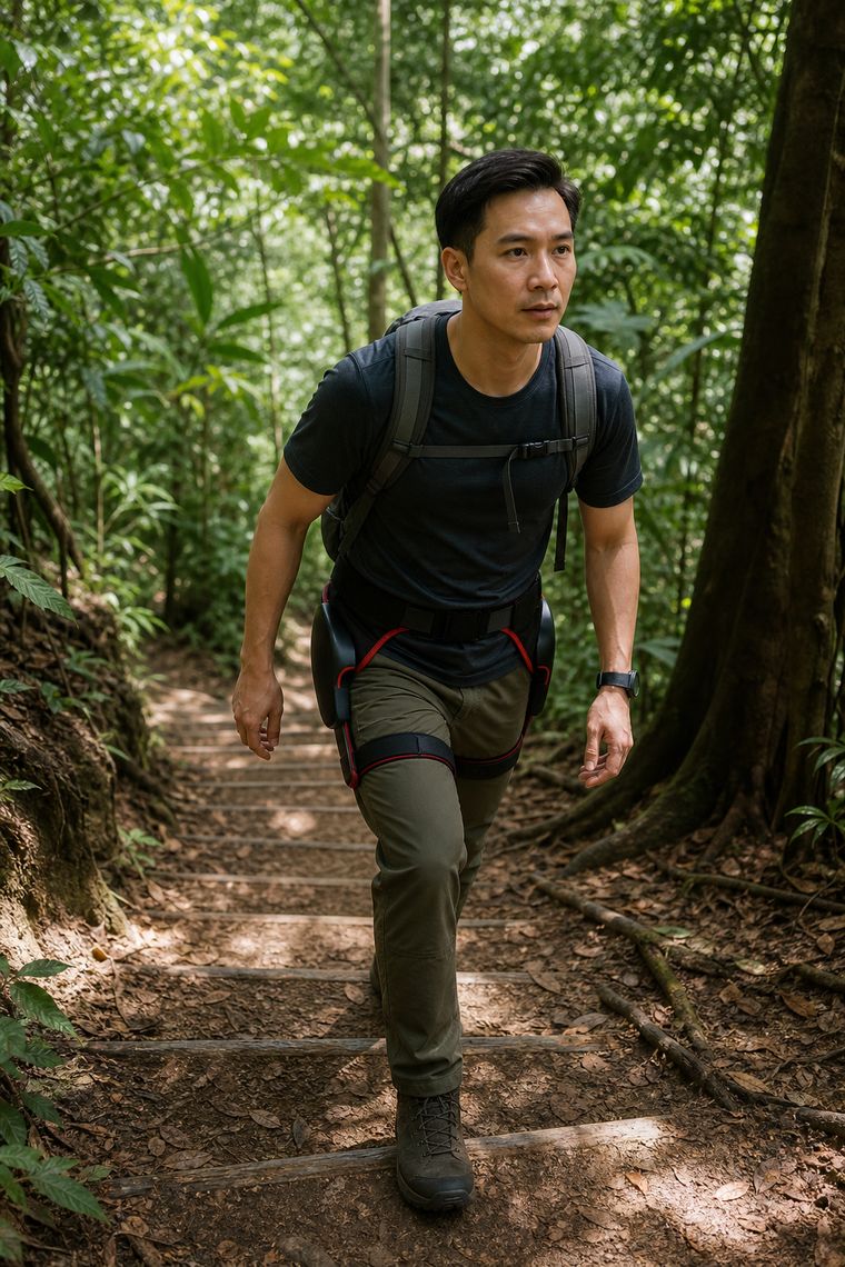 A hiker climbing a forest trail wearing ExoStride