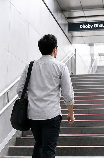 Taking the MRT station stairs at Dhoby Ghaut without hesitation